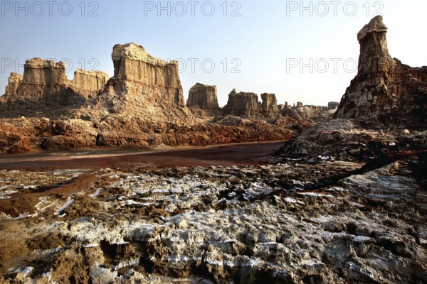 Impressive rocks and salt formations in the Dallol desert form a deep, eroded canyon, Dallol, Afar, Ethiopia