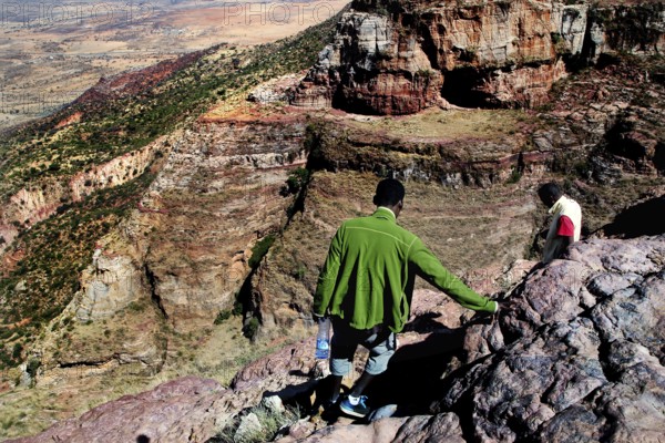 Mountain guides Haile and Kusay on an exciting descent in the Gheralta Mountains, Gheralta Mountains, zero, Ethiopia