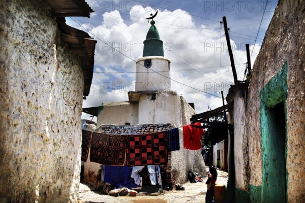 Alley in Harar with decorative mosque and colorful buildings, Harar, Ethiopia
