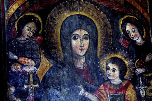 Wall painting in Debre Berhan Selassie depicting Madonna and Child surrounded by angels