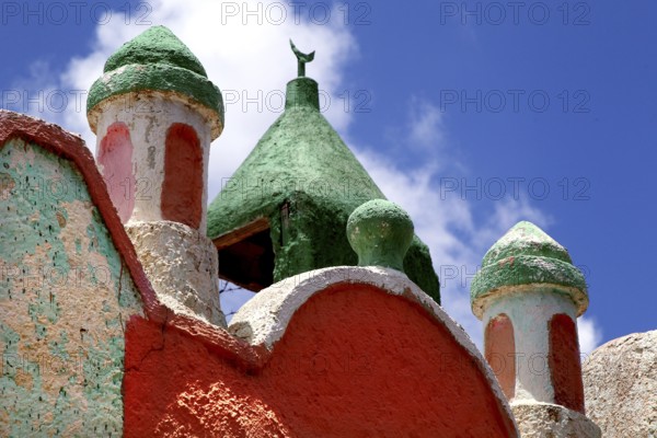 Colourful mosque domes in Harar's old town against a blue sky, Harar, Ethiopia