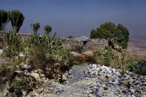 Surrounding the Debre Mariam Krokor monastery with lush vegetation and rocky landscape, zero