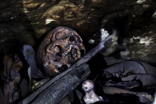 Inner crypt of the rock church Debre Mariam Crokor with skulls, Gheralta Mountains, zero, Ethiopia