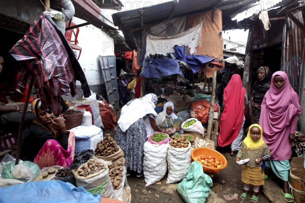 Lively spice market in Harar, woman in traditional clothes offer goods, Harar, Oromia, Ethiopia