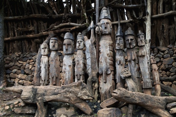 Detailed wooden figures in Konso village showing rich traditions, Konso, Ethiopia