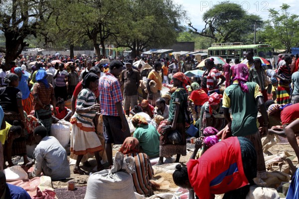 Busy market in Konso with lots of people and goods in vivid colors, Konso, region, Ethiopia
