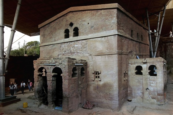 Bete Maryam rock church with distinctive windows and columns, Lalibela, Amhara, Ethiopia