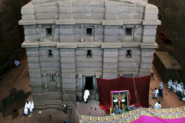 The rock church of Bete Emanuel with intricately carved details and religious symbols, Lalibela, Amhara, Ethiopia