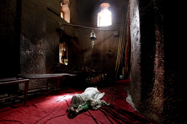 Interior view of Bete Medhane Alem church with atmospheric lighting, Lalibela, Amhara, Ethiopia