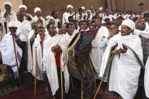 A large crowd during a religious procession, Lalibela, Amhara, Ethiopia