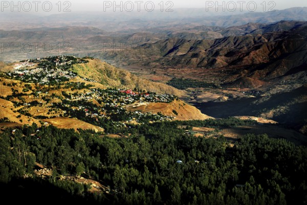 Extensive view of the green hills and valleys of the Lasta Mountains, Lalibela, Amhara, Ethiopia