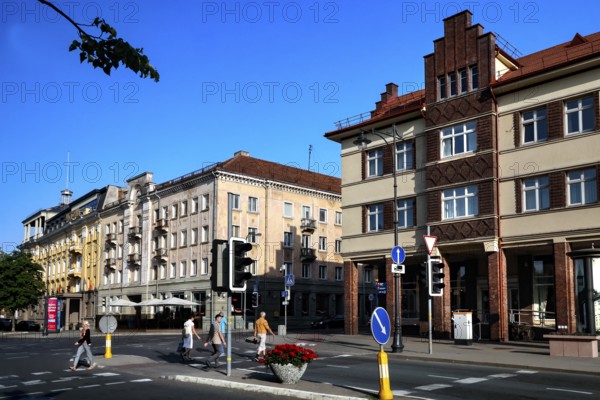 Bustling street scene with historic buildings in Klaipeda New Town, Klaipeda, Klaipeda County, Lithuania