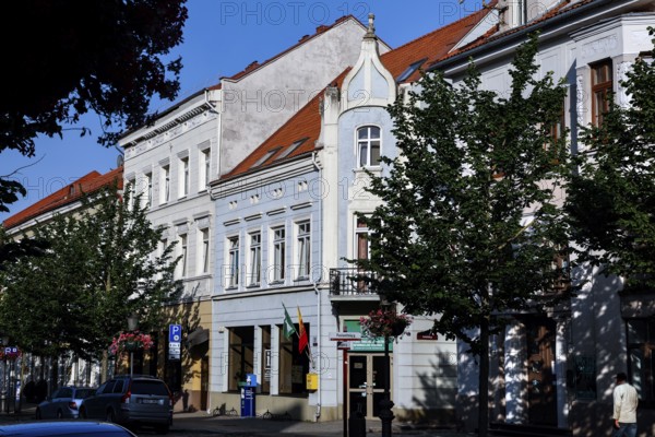 Historic buildings and trees along Turgaus Gatve in the old town of Klaipeda, Klaipeda, Memel, Lithuania