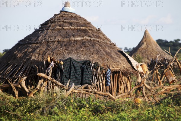 Round huts in a typical Hamer village, Turmi, Ethiopia