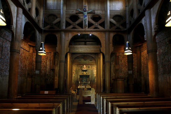 Interior view of Heddal Stave Church with impressive wooden structures, Heddal, Notodden, Norway