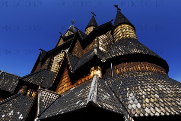 Stave church in Heddal, impressive wooden structure with detailed architecture, Heddal, Notodden, Norway