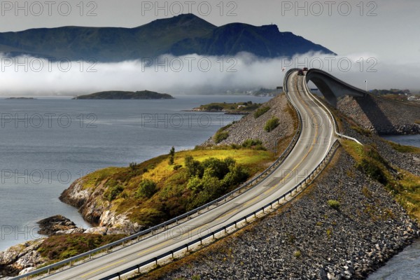 Storseisund Bridge on the Atlantic Road, an elegant curved road connection across the sea, Storseisundbrua, Møre og Romsdal, Norway