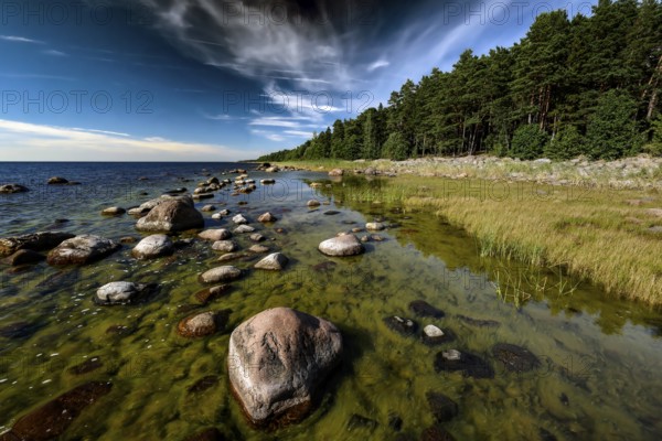 Rocky coast with clear water and a thick pine forest in the background on the Pärispea Peninsula, Suurpea, Pärispea Peninsula, Estonia