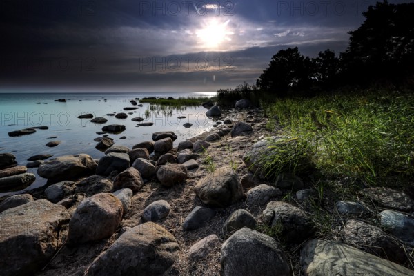 Rocky coast during sunrise with calm water and overcast sky in Altja, Altja, Estonia