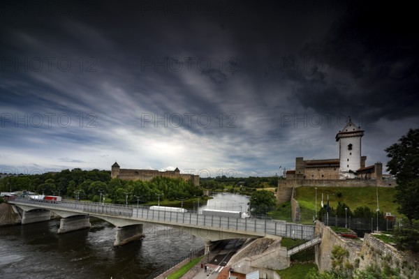 Border crossing with Friendship Bridge and view of Hermann Fortress and Ivangorod in Narva, Narva, Estonia