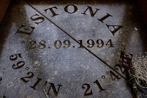 Memorial stone with date and coordinates engraved on it, Tahkuna, Hiiumaa, Estonia