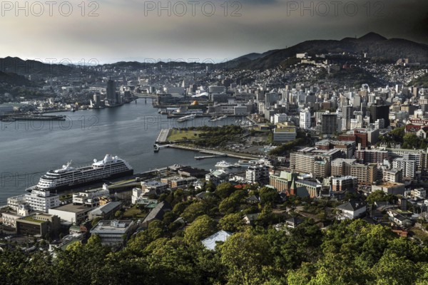 View of Nagasaki Harbour with bridge and city from Nakanmuriyama Observatory, Nagasaki, Japan