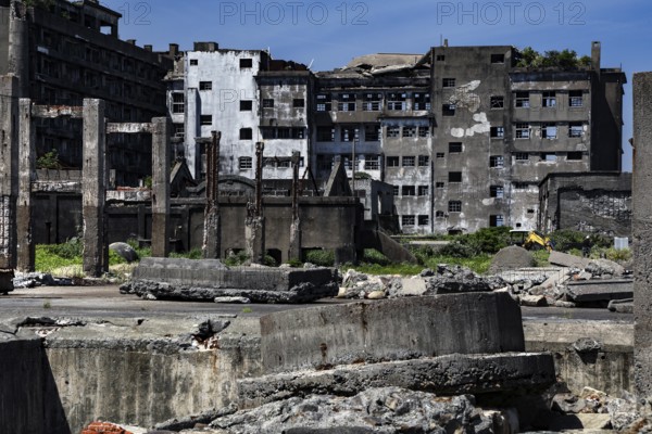 Historic ruins on the northern tip of Gunkanjima, a reminder of past times, Nagasaki, Kyushu, Japan