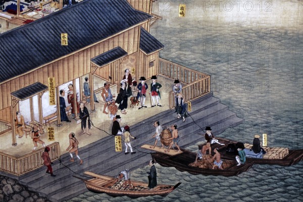 Scenic depiction of the hustle and bustle on the water in front of a Dutch trade base on Dejima, Nagasaki, Kyushu, Japan