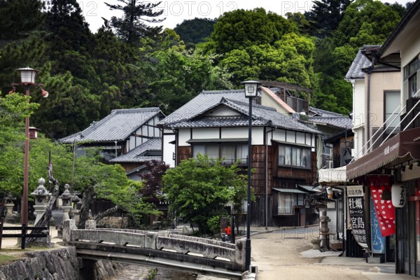 Traditional Japanese buildings on a quiet street surrounded by green vegetation, Miyajima, Japan