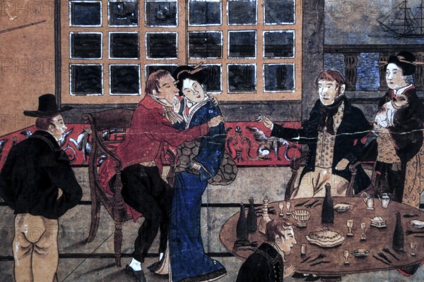 Depiction of a social scene in a Dutch trading base on Dejima with clothing typical of the time, Nagasaki, Kyushu, Japan