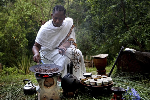 Woman in traditional dress preparing coffee during a ceremony in a natural setting, Yirga Alem, null, Ethiopia
