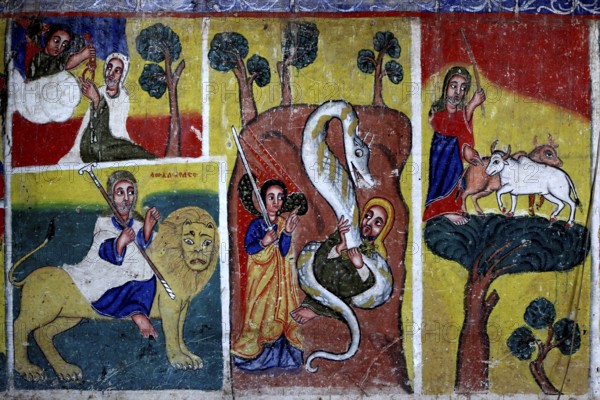 Vivid wall paintings in Ura Kidhane Mihret depict biblical scenes, zero