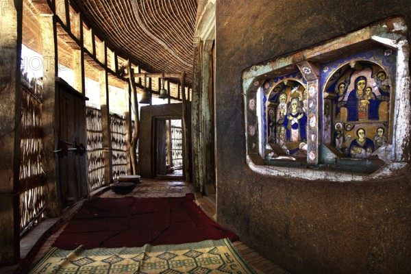 Interior view with arched corridor and icons, Lake Tana, Ura Kidhane Mihret, Ethiopia