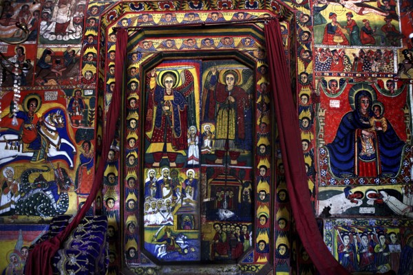Detailed wall paintings depicting religious scenes and icons, Lake Tana, Ura Kidhane Mihret, Ethiopia