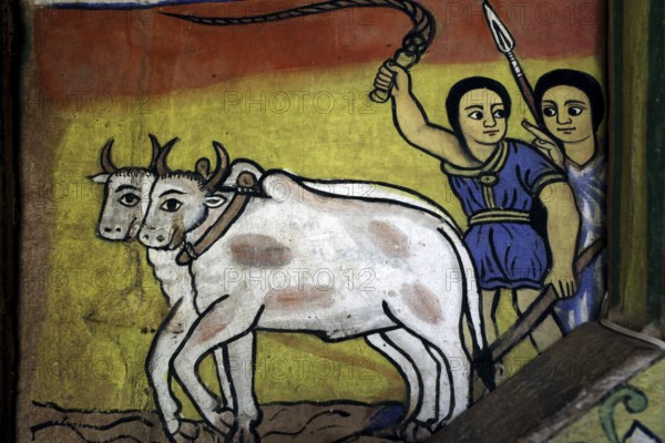 Wall painting depicting oxen and people in traditional clothing, Lake Tana, Ura Kidhane Mihret, Ethiopia
