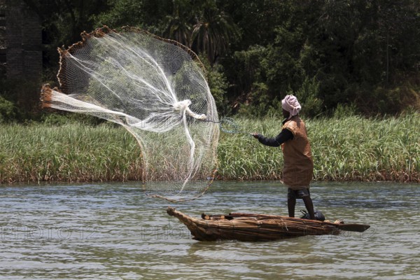 Fisherman on a papyrus boat throws out a large net in Lake Tana, zero