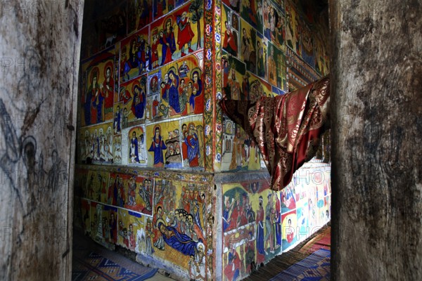 Detailed wall paintings inside by Ura Kidhane Mihret on Lake Tana, zero