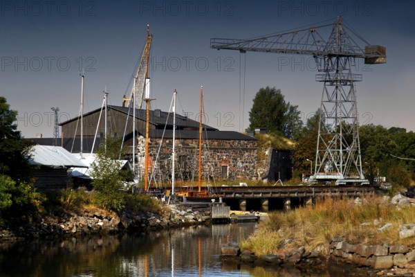 Shipyard and dry dock in Suomenlinna, Helsinki, with crane and rustic environment, Suomenlinna, Helsinki, Finland