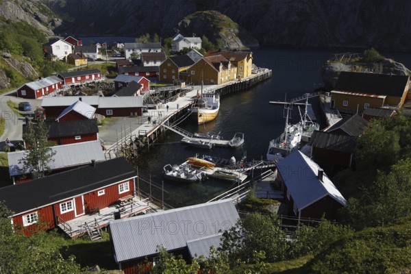 Overview of Nusfjord village with boats and houses, Nusfjord, Flakstadøy, Norway
