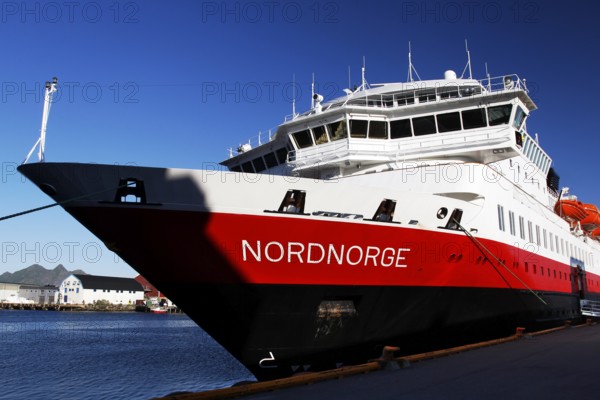The Hurtigruten ship Nordnorge at Svolvær harbour under a clear blue sky, Svolvær, Nordland, Norway