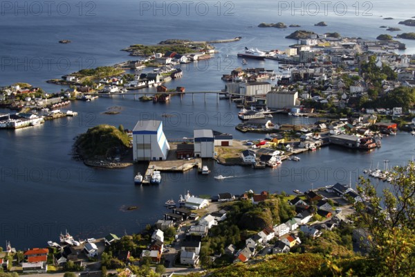 Extensive panoramic view of Svolværs harbour with small islands and coastal landscape, Svolvær, Nordland, Norway