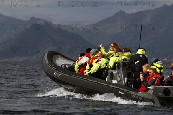 Tourists on a RIB boat in Raftsund, mountains surrounding the water, Austvågøy, Raftsund, Norway