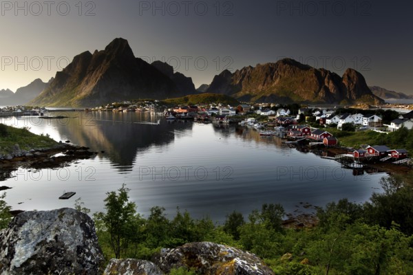 Scenic view of Hamnøay and Reine with mountainous backdrop, Reine, Moskenesøy, Norway