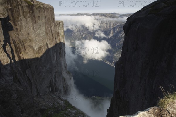 View of the majestic Lysefjord from a rocky cliff, Lysefjord, Rogaland, Norway