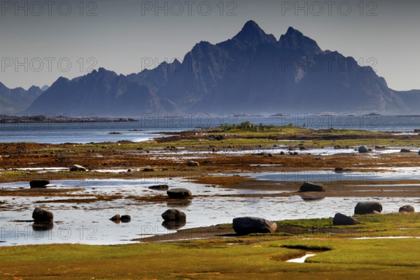 Wide coastal landscape with mountain views near Vestvågøy