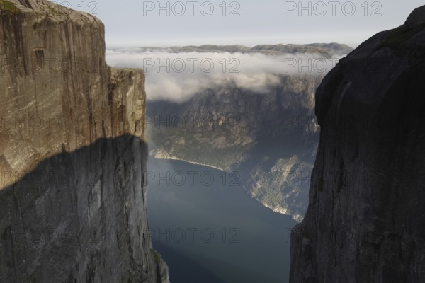 Panoramic view of the deeply cut Lysefjord from the cliffs of Kjerag, Kjerag, Rogaland, Norway