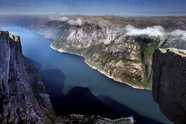 Breathtaking view from Kjerag over the deeply embedded Lysefjord, Lysefjord, Norway