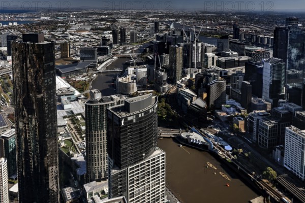 View from Eureka Tower Skydeck over Melbourne's skyscrapers and river landscape, Melbourne, Victoria, Australia