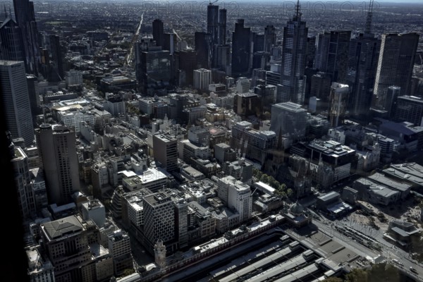 Panoramic view of Melbourne from Eureka Tower Skydeck with dense buildings, Melbourne, Victoria, Australia