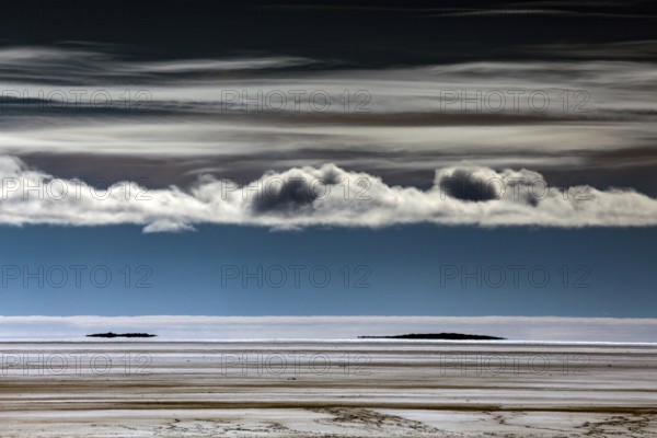 Expansive view of Lake Eyre under dramatic skies, Lake Eyre, South Australia, Australia